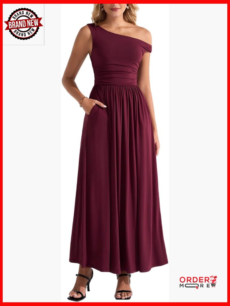 One Shoulder Maxi Dress A-Line Formal Wedding Guest Dress With Pockets